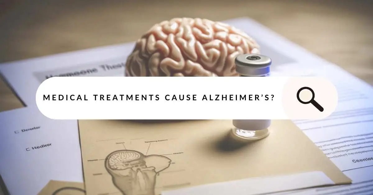 Desk with medical documents and brain model, a vial labeled 'Human Growth Hormone' and a magnifying glass icon with text 'MEDICAL TREATMENTS CAUSE ALZHEIMER’S Disease?