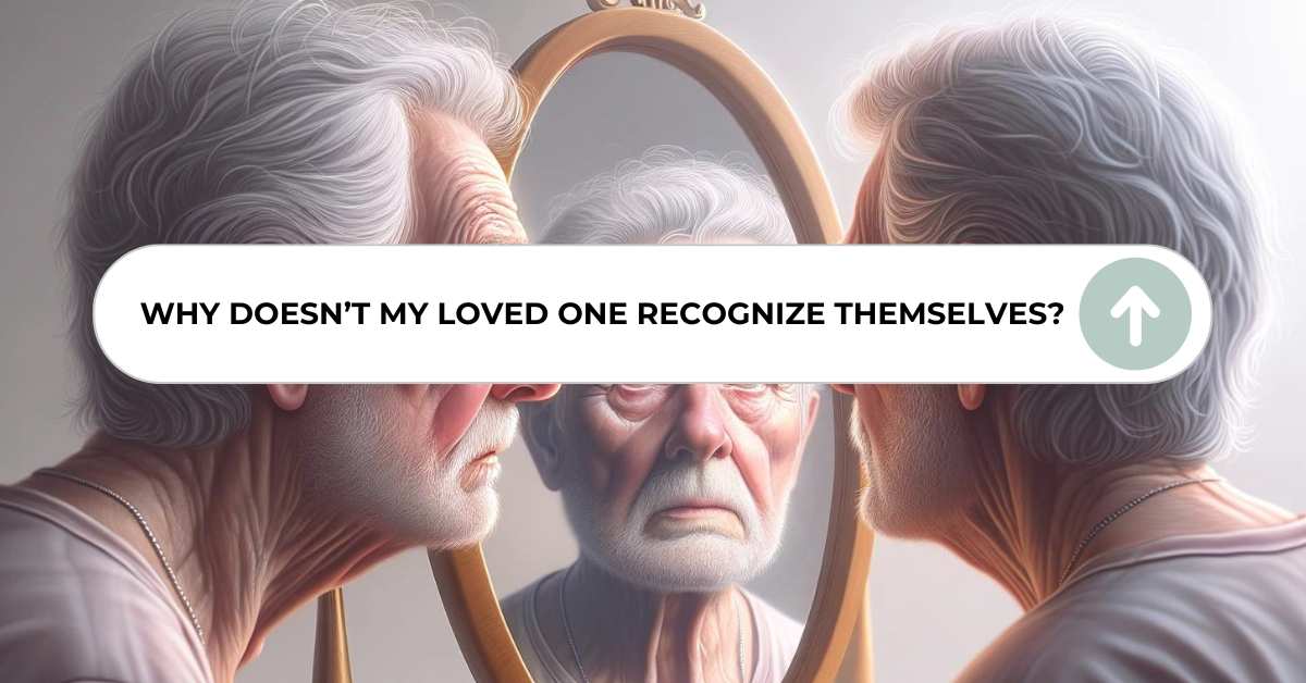 An elderly man with a pensive expression faces a mirror that reflects a confused version of himself, questioning self-recognition. One of the surprising symptoms of dementia mentioned in the blog.