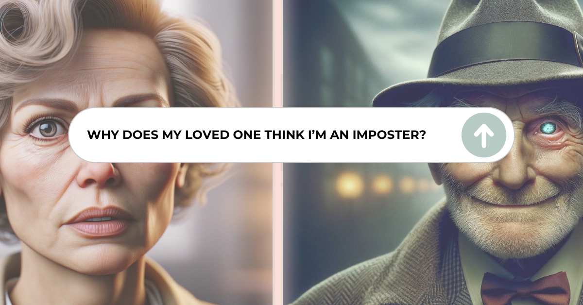 Side-by-side portraits of an older woman looking worried and an old man wearing a detective hat with an unnatural smile, illustrating Capgras Syndrome in dementia.