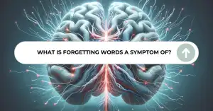 Digital illustration of a human brain with active neural connections and a central search bar asking 'What is forgetting words a symptom of?' against a dark background with a brain symbolizing aphasia and symptoms of aphasia.