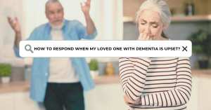 Elderly woman looking worried as a man gestures animatedly in the background, illustrating common signs of dementia distress.