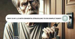 Elderly man with glasses looking confused while trying to use keys at a door. representing Struggling to do everyday tasks an example of this dementia symptom