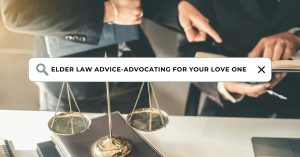 Elder law attorneys discussing legal strategies for a client who is advocating for their loved one with dementia in a care home with scales of justice in the foreground.