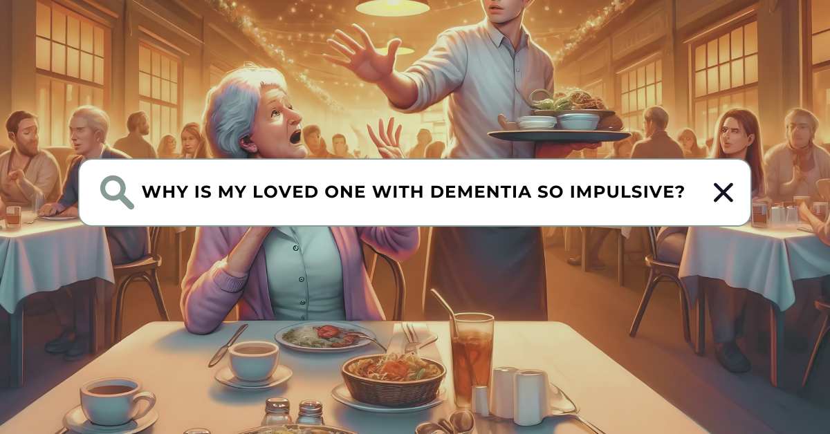 Elderly woman with dementia reaching for food on a server's plate in a restaurant, the image is describes a shocking symptom in dementia called utilization behavior.