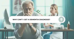 Elderly man worried because he didn't get a dementia diagnosis in doctor's office with concerned female doctor in background