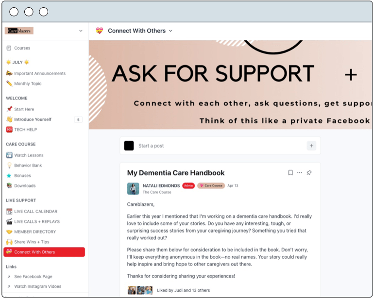 Dementia Careblazers - screenshot of caregiver support member area