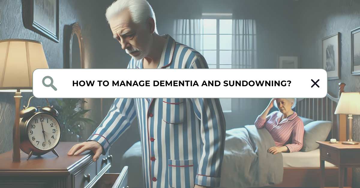 Elderly man in pajamas looking confused while rummaging through a dresser at night with elderly woman appearing annoyed in bed, illustrating Sundowning in dementia.