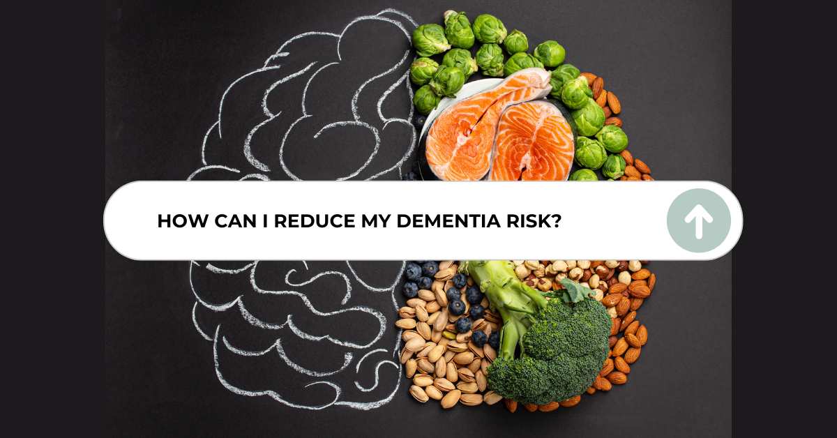Illustration showing brain health foods that reduce dementia risk, including salmon, broccoli, almonds, and blueberries, superimposed over a chalk drawing of a brain.
