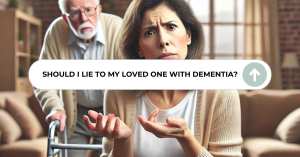 Caregiver debating whether to lie or tell the truth to her loved one with dementia, expressing confusion and concern.