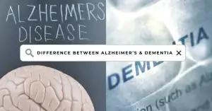 Difference between Alzheimer’s disease and dementia concept image, showing Alzheimer’s written on a chalkboard beside dementia in a medical document, with a search bar overlay.