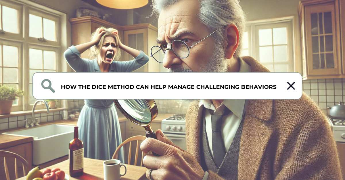A focused elderly man holding a magnifying glass, thoughtfully observing his flustered wife pacing in the kitchen with her hands on her head, symbolizing the investigative step of the DICE method for managing dementia-related behaviors.