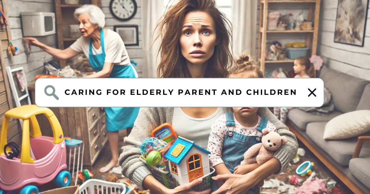 A visually overwhelmed sandwich caregiver stands in a cluttered living room, holding a child’s toy house and a teddy bear. In the background, an elderly parent in an apron tidies up while children play amidst the chaos. The image represents the dual responsibilities and emotional strain faced by sandwich caregivers juggling childcare and eldercare.