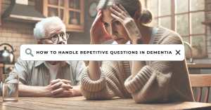 A middle-aged female caregiver sits at a wooden kitchen table, visibly stressed, with hands on her forehead, while an elderly man with dementia repeatedly asks a question. The caregiver looks exhausted yet patient, reflecting the challenges of handling repetitive questions in dementia. The background features a cozy home setting with warm lighting, emphasizing a real-life caregiving moment. Text overlay reads: ‘How to Handle Repetitive Questions in Dementia,’ reinforcing the blog’s topic.
