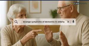 Elderly woman pointing at her husband with suspicion during a tense moment at home, symbolizing behavioral changes in the stages of dementia.
