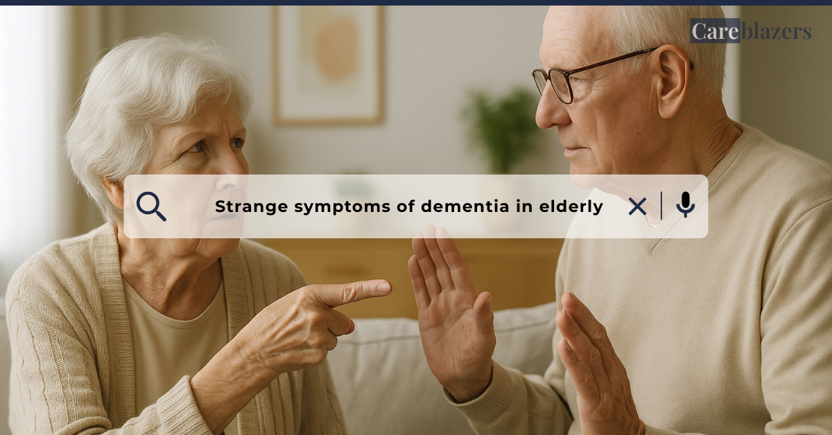 Elderly woman pointing at her husband with suspicion during a tense moment at home, symbolizing behavioral changes in the stages of dementia.