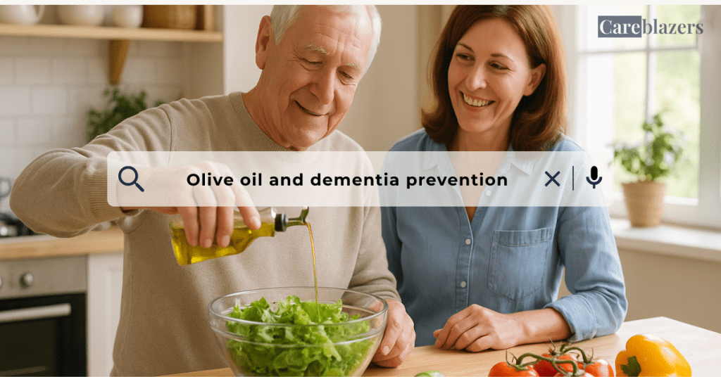 An elderly man in his 70s pouring extra virgin olive oil into a salad, symbolizing natural ways to improve brain health and lower dementia risk.