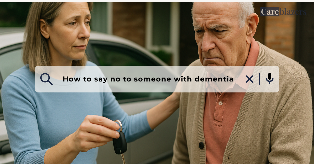 A middle-aged daughter gently resting her hand on the car keys while her elderly father looks frustrated beside the car.