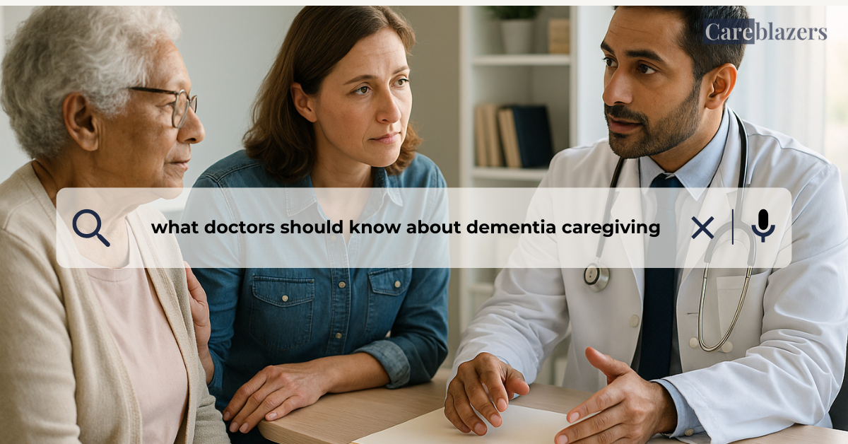 A caregiver and her elderly parent sit across from a compassionate doctor in a bright, calm medical office. The doctor explains treatment details while the caregiver listens attentively, her hand resting gently on her mother’s shoulder. The scene conveys empathy, trust, and teamwork in dementia care.