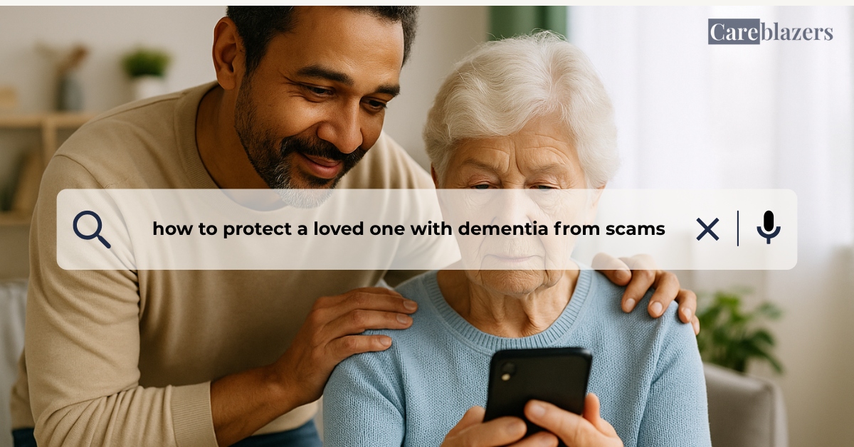 Caregiver helping an older adult with dementia review a phone call to prevent scams, showing trust and independence.