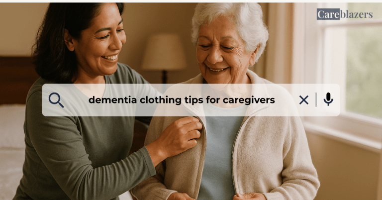 A middle-aged Hispanic woman helps her elderly mother with dementia put on a beige cardigan in a softly lit bedroom, both smiling warmly to show comfort and connection in caregiving.