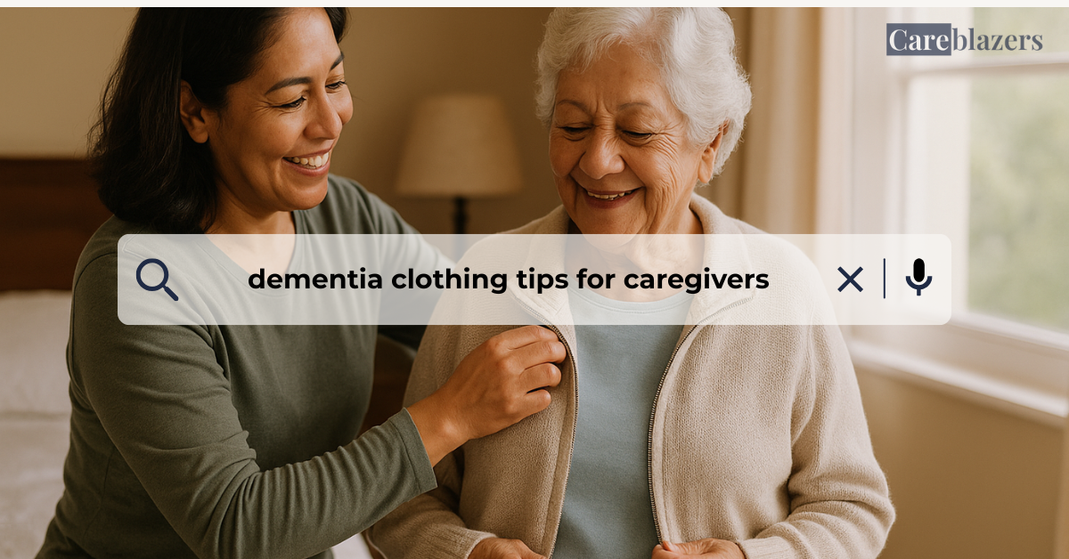 A middle-aged Hispanic woman helps her elderly mother with dementia put on a beige cardigan in a softly lit bedroom, both smiling warmly to show comfort and connection in caregiving.