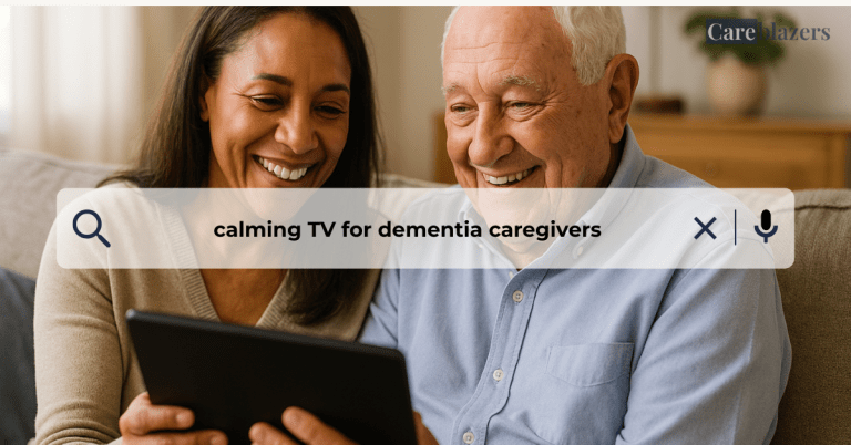 Middle-aged woman and elderly man smiling warmly while looking at a tablet together on a beige sofa in a softly lit living room.