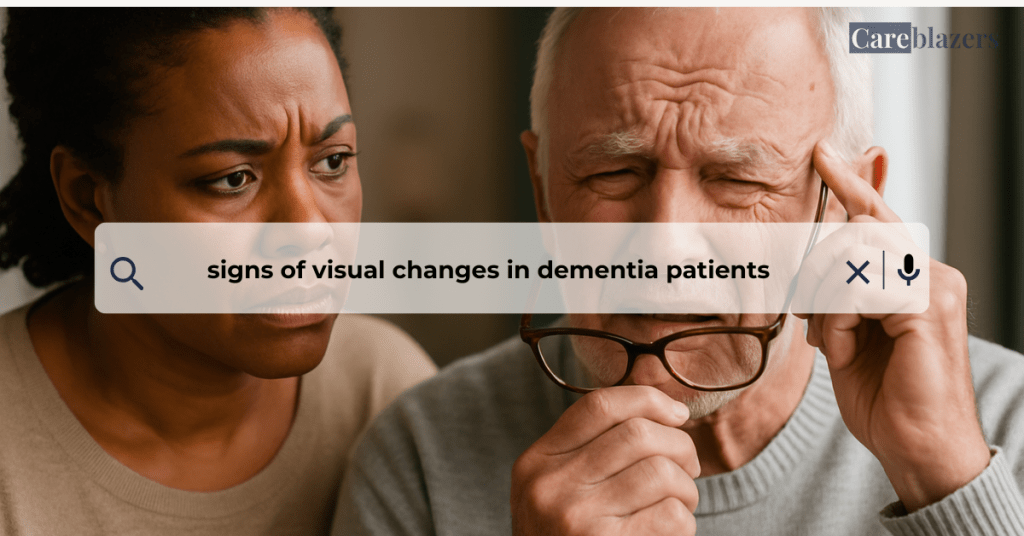 A middle-aged African American woman looks with concern at an older Caucasian man who is squinting and holding his glasses, suggesting difficulty seeing or processing visual information.