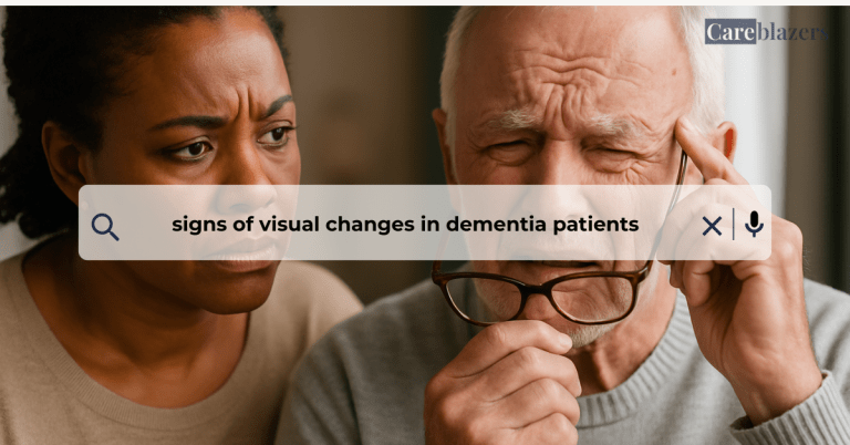 A middle-aged African American woman looks with concern at an older Caucasian man who is squinting and holding his glasses, suggesting difficulty seeing or processing visual information.