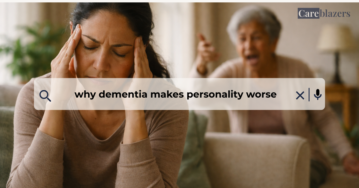 Caregiver sitting on a couch holding her head in stress while an older woman gestures angrily in the background during a tense dementia caregiving moment.