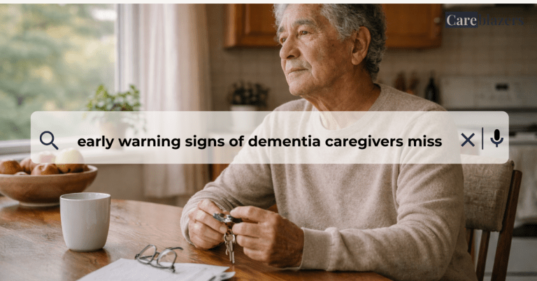 Older adult sitting at a kitchen table holding keys with a thoughtful expression, representing subtle early signs of dementia often noticed later by family caregivers.