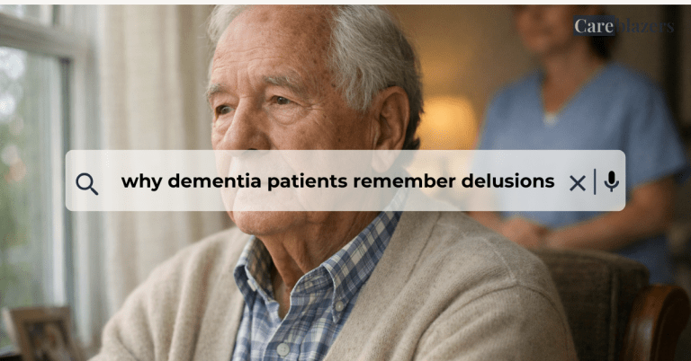 Older adult with dementia sitting near a window in soft natural light, with a caregiver nearby offering quiet reassurance in a calm home setting.