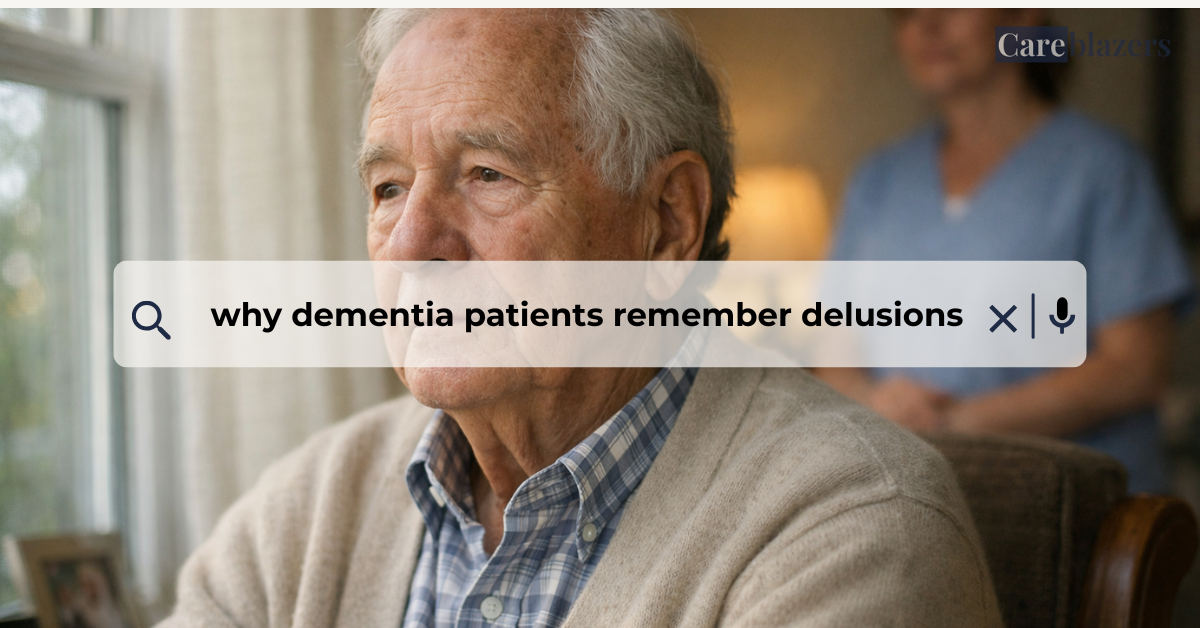 Older adult with dementia sitting near a window in soft natural light, with a caregiver nearby offering quiet reassurance in a calm home setting.