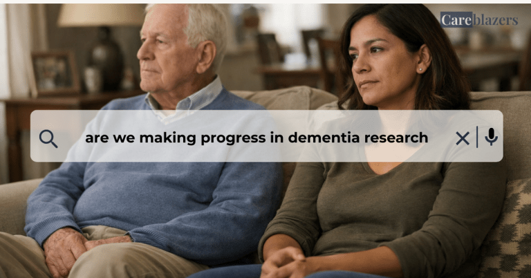 Caregiver sitting with an older adult at home, reflecting on whether dementia research progress is making a real difference in daily caregiving.
