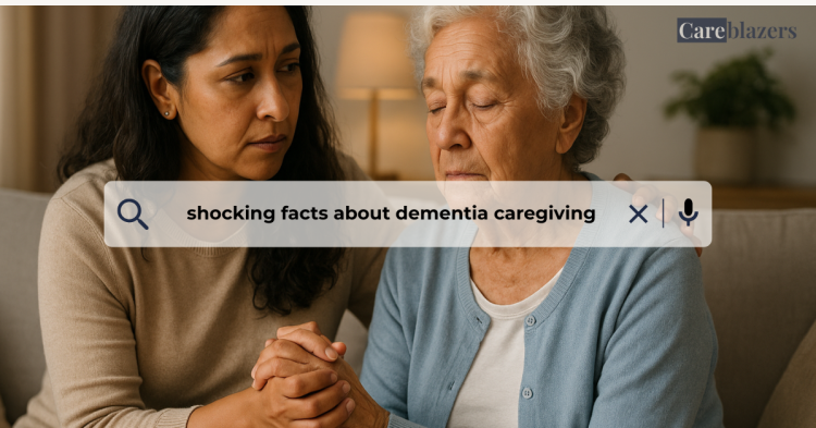  A middle-aged woman of South Asian descent gently holds the hand of her elderly mother, who has light skin and gray hair, as they sit together on a sofa. The daughter looks at her mother with concern and compassion while offering comfort in a softly lit living room.