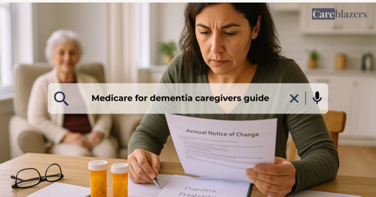 A caregiver with tan skin sits beside an elderly man with light skin in a bright living room, gently holding his hand while reviewing Medicare plan options together on paper, symbolizing guidance and support for dementia caregivers during Medicare enrollment decisions.