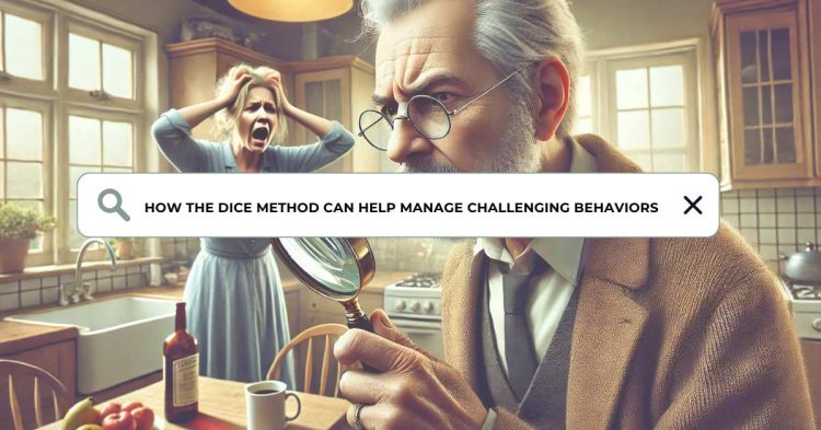 A focused elderly man holding a magnifying glass, thoughtfully observing his flustered wife pacing in the kitchen with her hands on her head, symbolizing the investigative step of the DICE method for managing dementia-related behaviors.