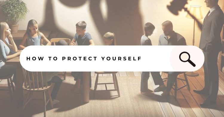 Family gathering with one member isolated and overshadowed by a shadow of justice scales, symbolizing the burden of false accusations and false reports to adult protective services.