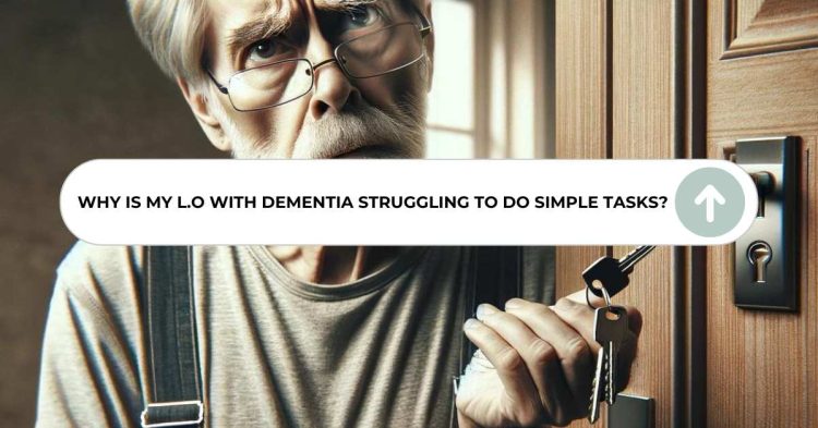 Elderly man with glasses looking confused while trying to use keys at a door. representing Struggling to do everyday tasks an example of this dementia symptom