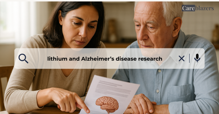“Caregiver explaining brain health research to an older adult while discussing lithium and Alzheimer’s prevention at home.”