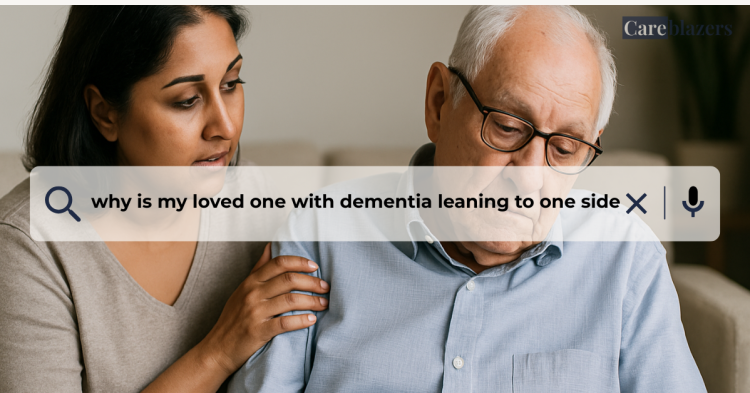 Caregiver helps her elderly father who is leaning to one side, illustrating Pisa Syndrome and dementia caregiving support.