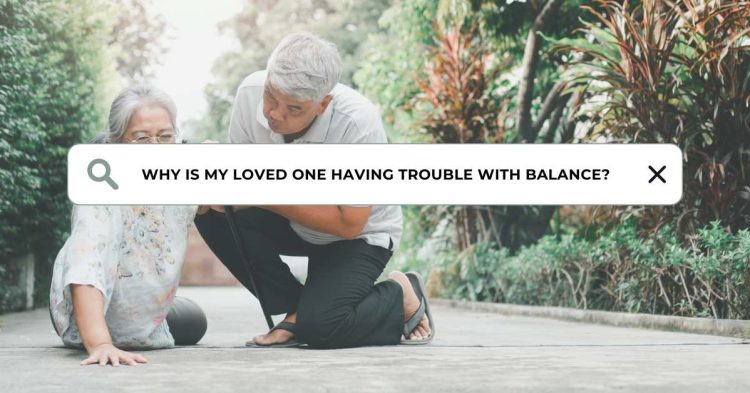 Elderly woman falling and being assisted by an elderly man, with a search bar overlay asking "Why is my loved one having trouble with balance?" Symbolizing the topic of the article of proprioception loss and dementia.