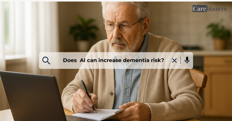 "An elderly man with white hair sits at a kitchen table using a laptop while AI icons appear in the background, symbolizing the impact of artificial intelligence on brain health and dementia prevention."