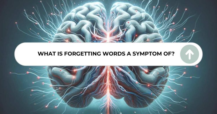 Digital illustration of a human brain with active neural connections and a central search bar asking 'What is forgetting words a symptom of?' against a dark background with a brain symbolizing aphasia and symptoms of aphasia.