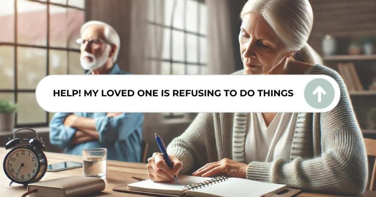 Caregiver planning while a loved one with dementia refuses to cooperate, depicting the challenge of managing dementia care and finding solutions to encourage cooperation.